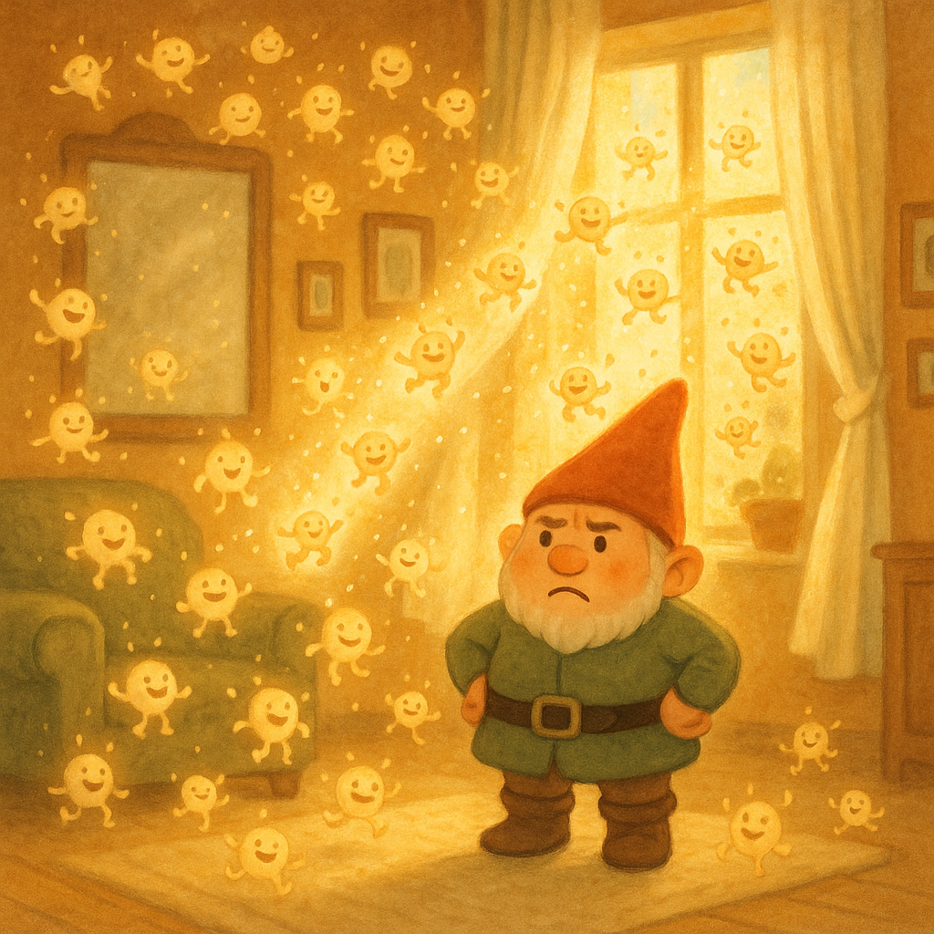 Jolly dust mote figures dancing in sunbeams as a puzzled gnome watches, scene from The Jolly Dust Brothers