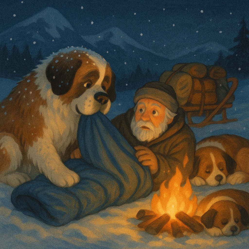 A St. Bernard dog waking an elderly man by the campfire in the snow, scene from The Life-Saving St. Bernards.