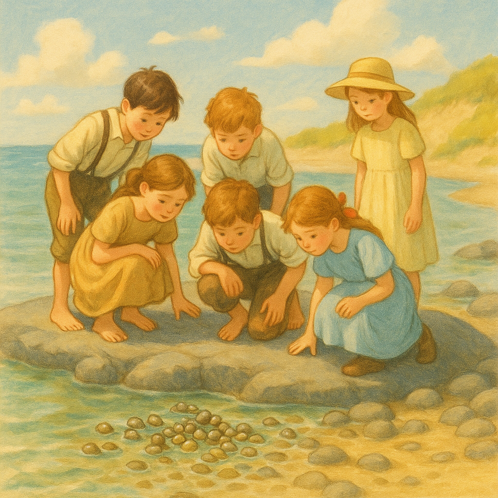 Children crouching on a rocky shore watching limpets in the shallows, a scene from The Limpets.