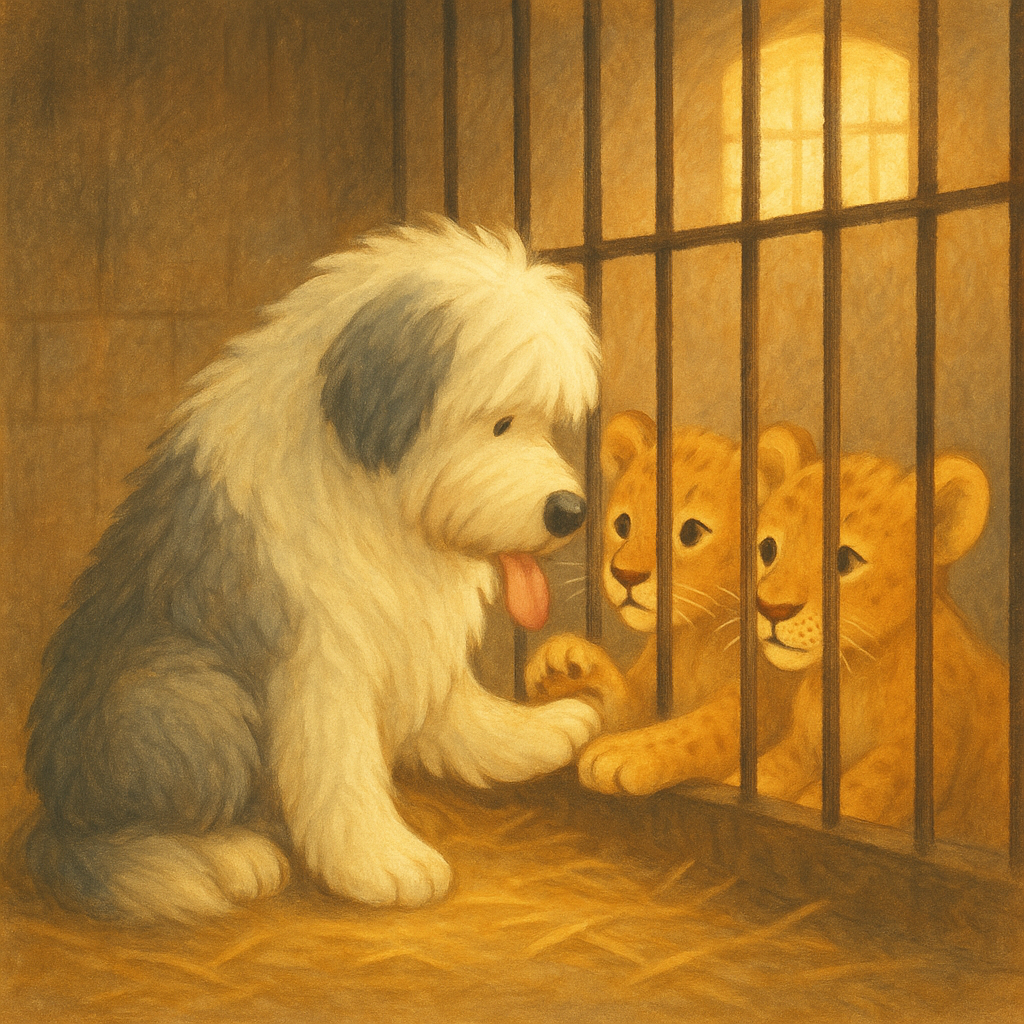 A sheepdog licks lion cubs' paws through cage bars in The Lion Babies
