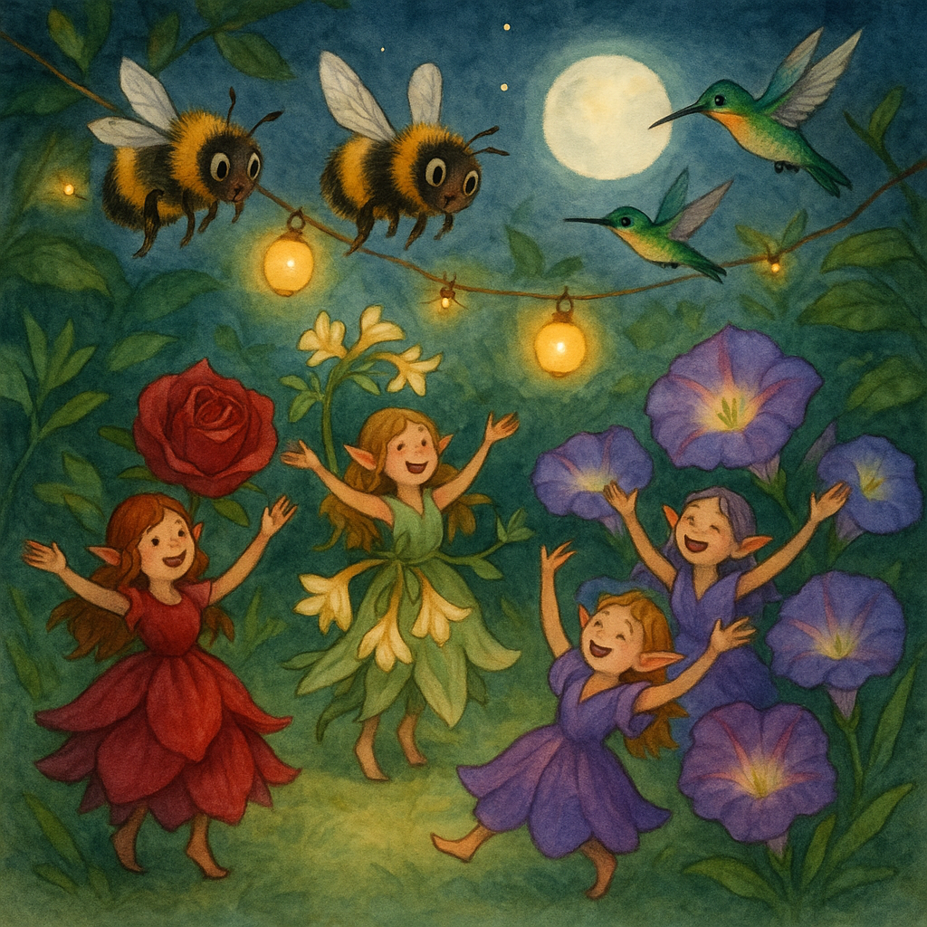 Fairies in flower costumes laugh and welcome surprised bumblebees at their ball in The Little Bumblebee's Mistake.