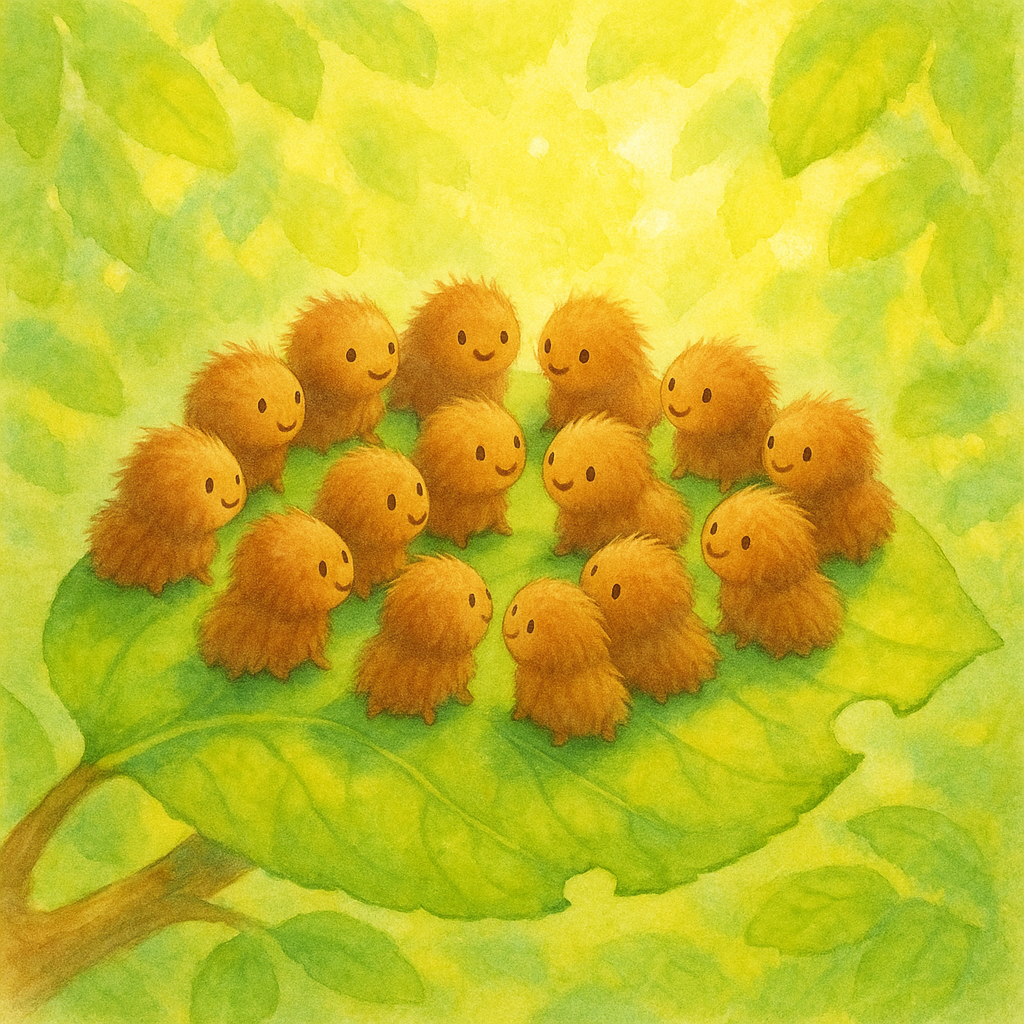 Fourteen little brown caterpillars sharing a green leaf in The Little Caterpillars