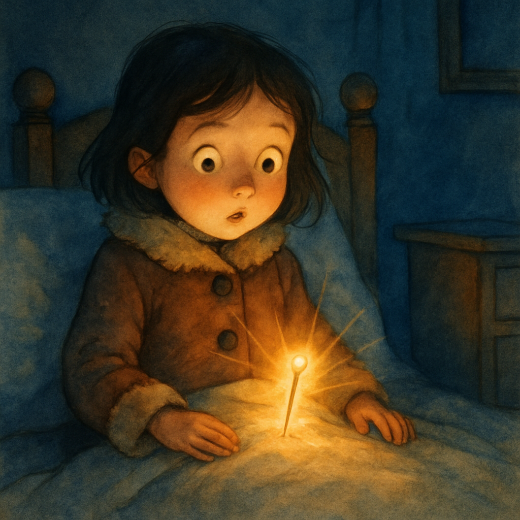A young girl watches a glowing needle on her coat in a dark bedroom, in The Little Needle story.