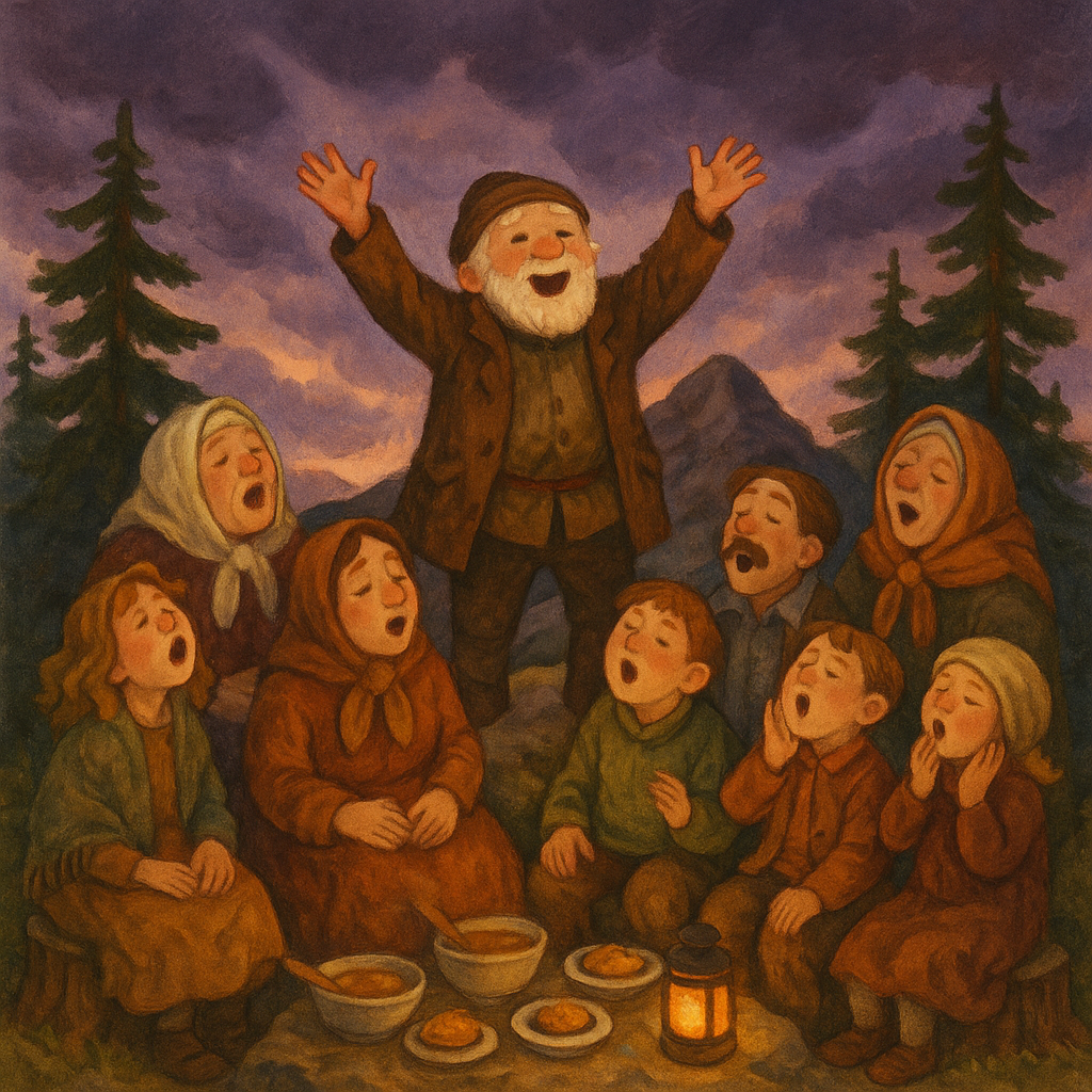 An elderly man and his family make noise together on a mountain summit at dusk, in The Little Old Man.