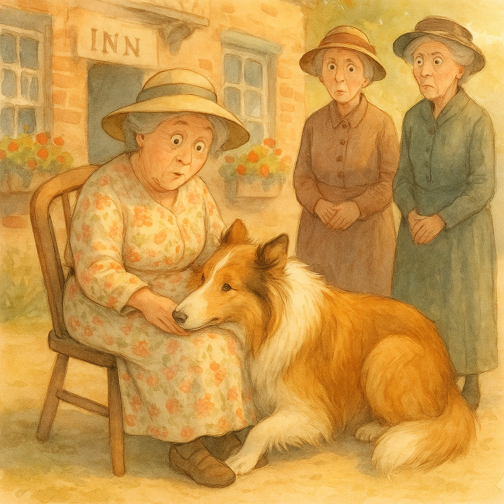 A collie dog rests his head in an elderly lady's lap outside a country inn, in The Lost Dog.