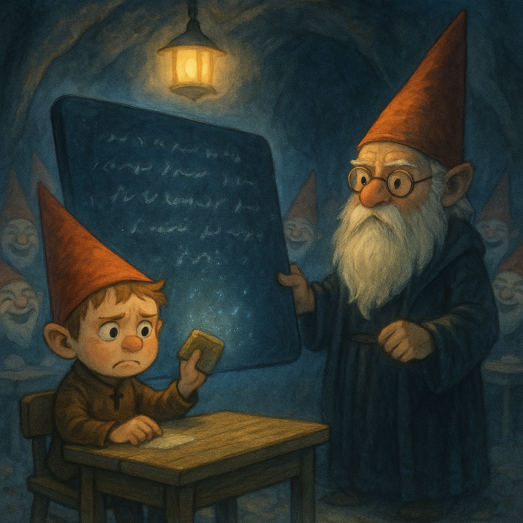 A young gnome tries desperately to erase a glowing slate in a cave classroom, in The Magic Slate.