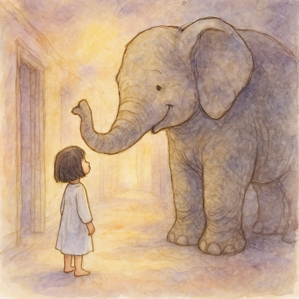 Lucy in her nightgown faces a smiling stone elephant in a glowing hallway, from The Make-Believe Elephant.