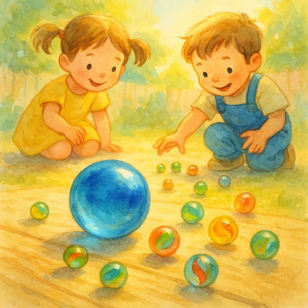 A large blue marble ignored by children in favour of small colourful marbles, illustrating The Marbles.