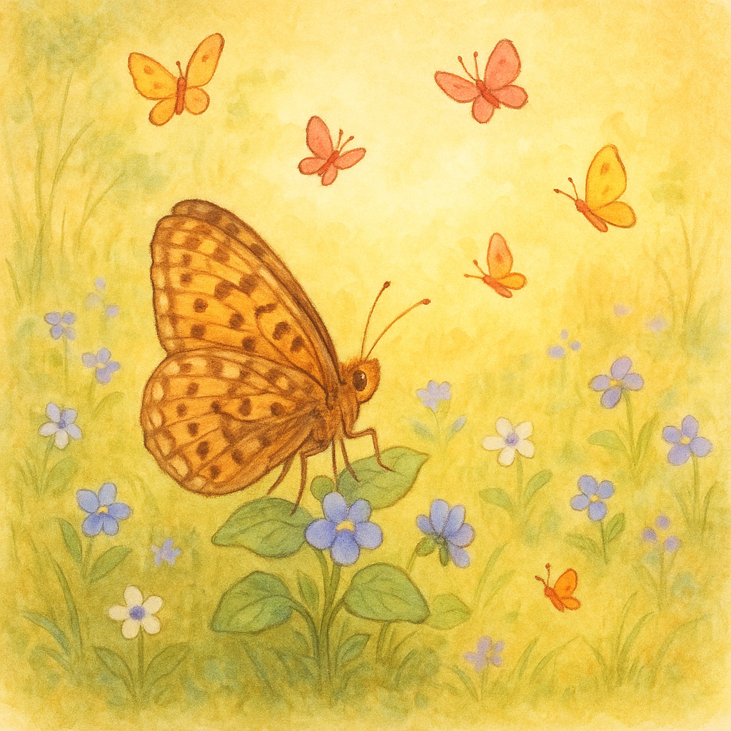 Mother Meadow fritillary butterfly with her children lifting off into summer air, illustration for The Meadow Fritillary Family.