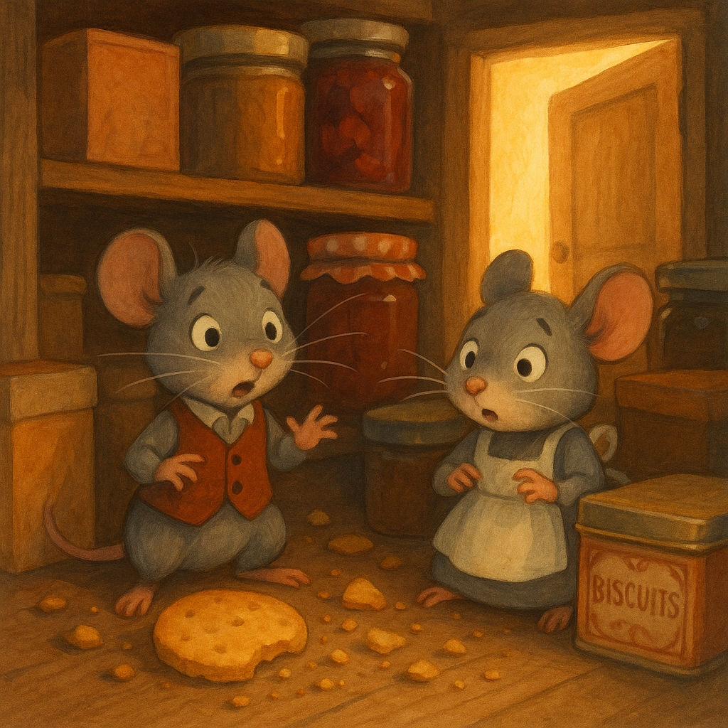 Mr. and Mrs. Mouse caught feasting in the pantry in The Mice Are Discovered