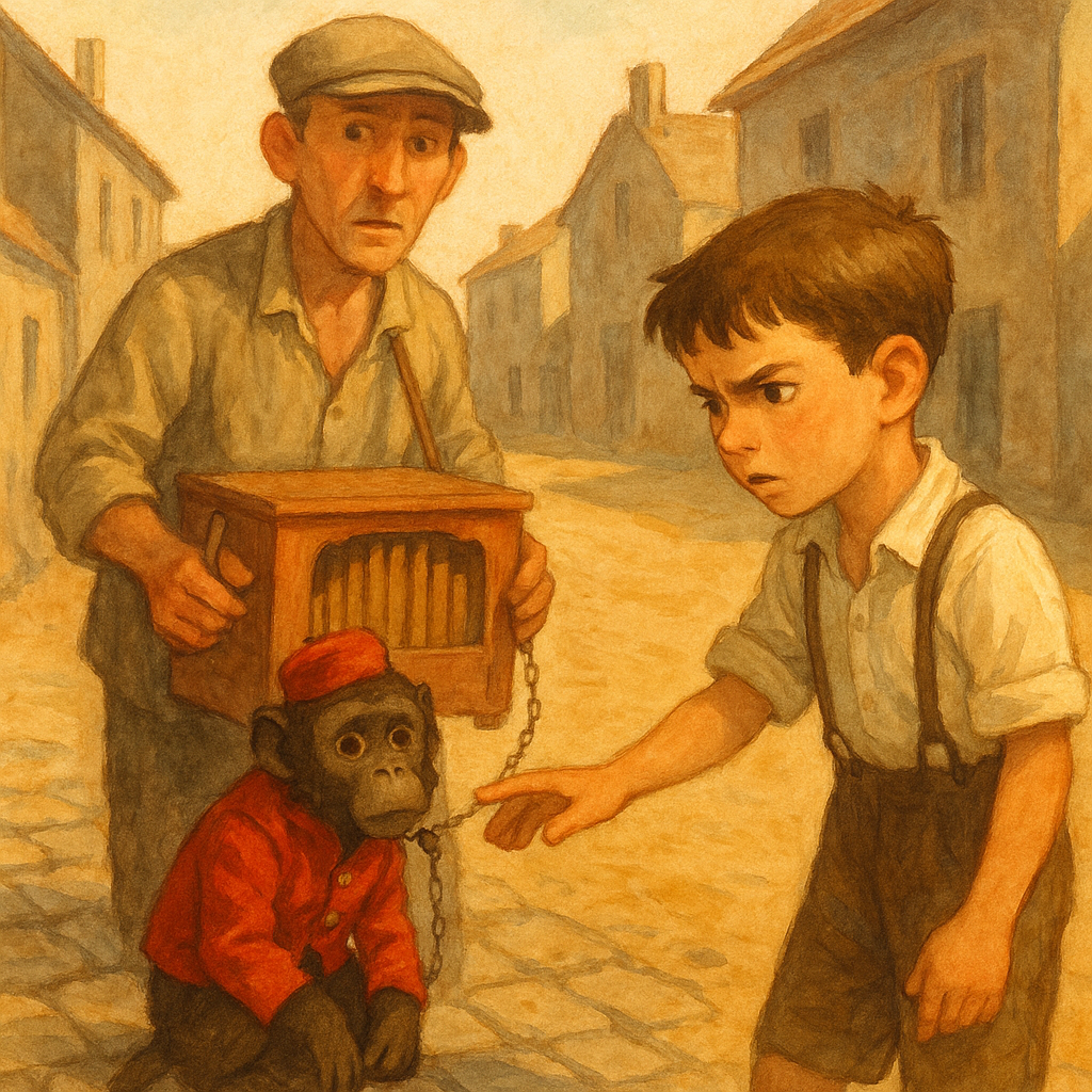 A boy reaches out to a monkey in a red jacket on a hot summer street, in The Monkey by Mary Graham Bonner.
