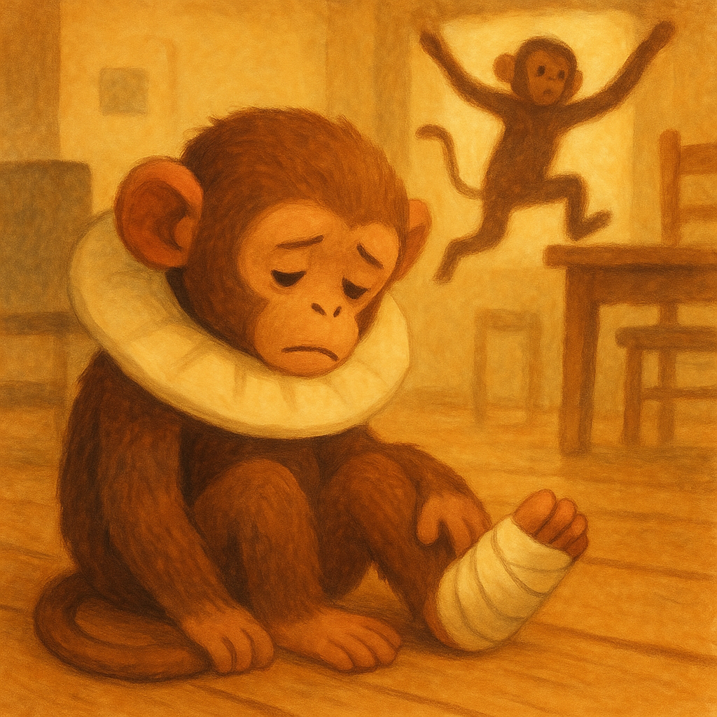 Gyp the monkey wearing a soft collar, looking at his bandaged foot, in The Monkey's Collar