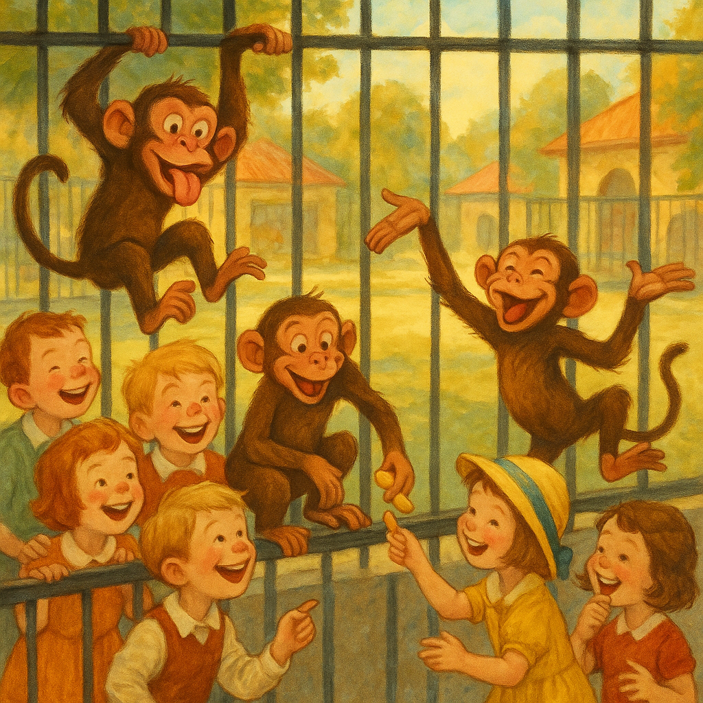 Children laughing at performing monkeys in The Monkeys' Victory, a fun zoo story by Mary Graham Bonner
