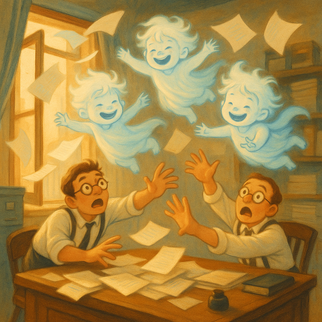Mischievous wind spirits scatter papers in an office in The Naughty Breezes
