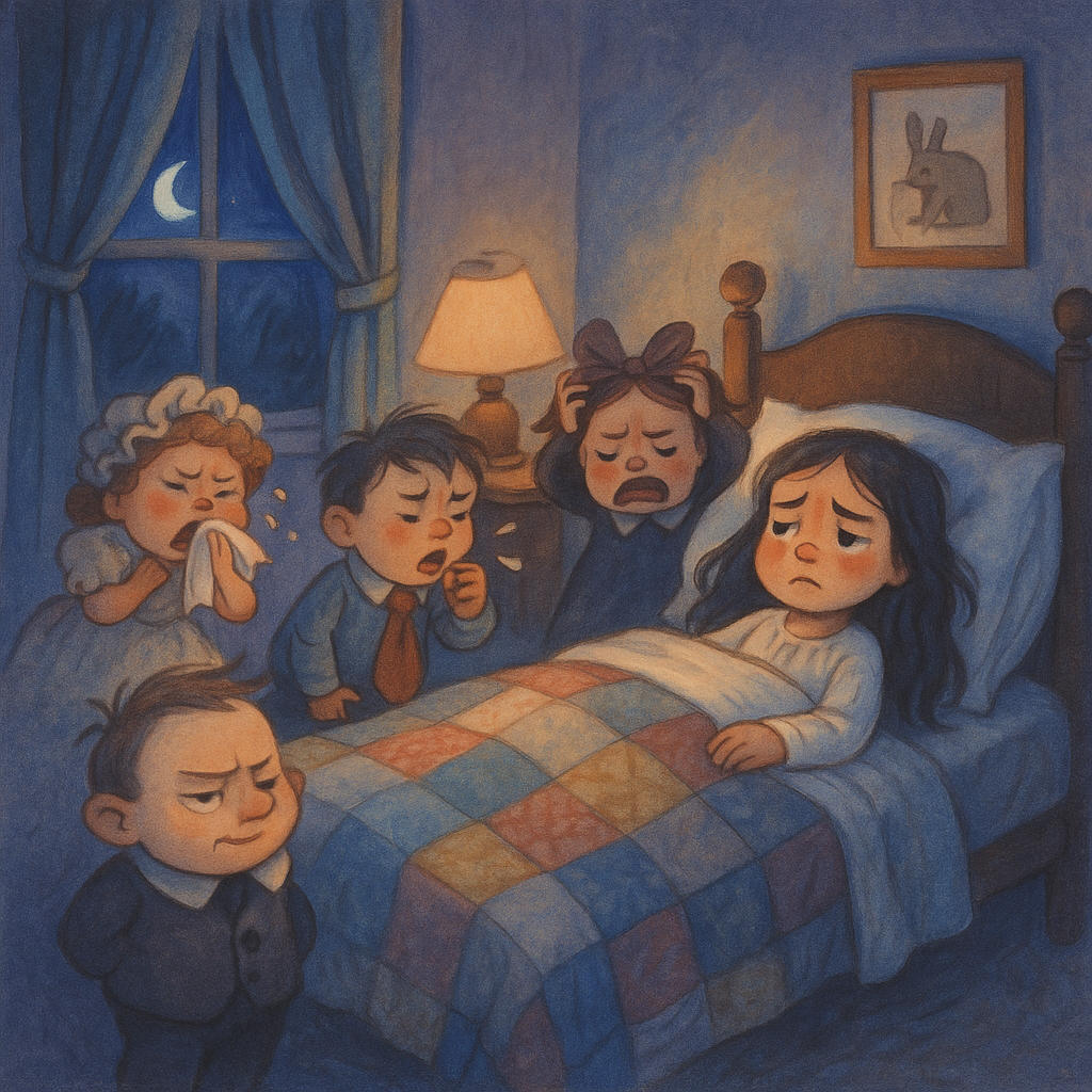 A sick young girl in bed surrounded by the naughty Cold family characters in The Naughty Colds
