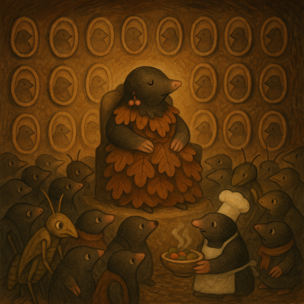 Mrs. Mole sits on her earth throne surrounded by guests admiring mud portraits in The New Mole Home.