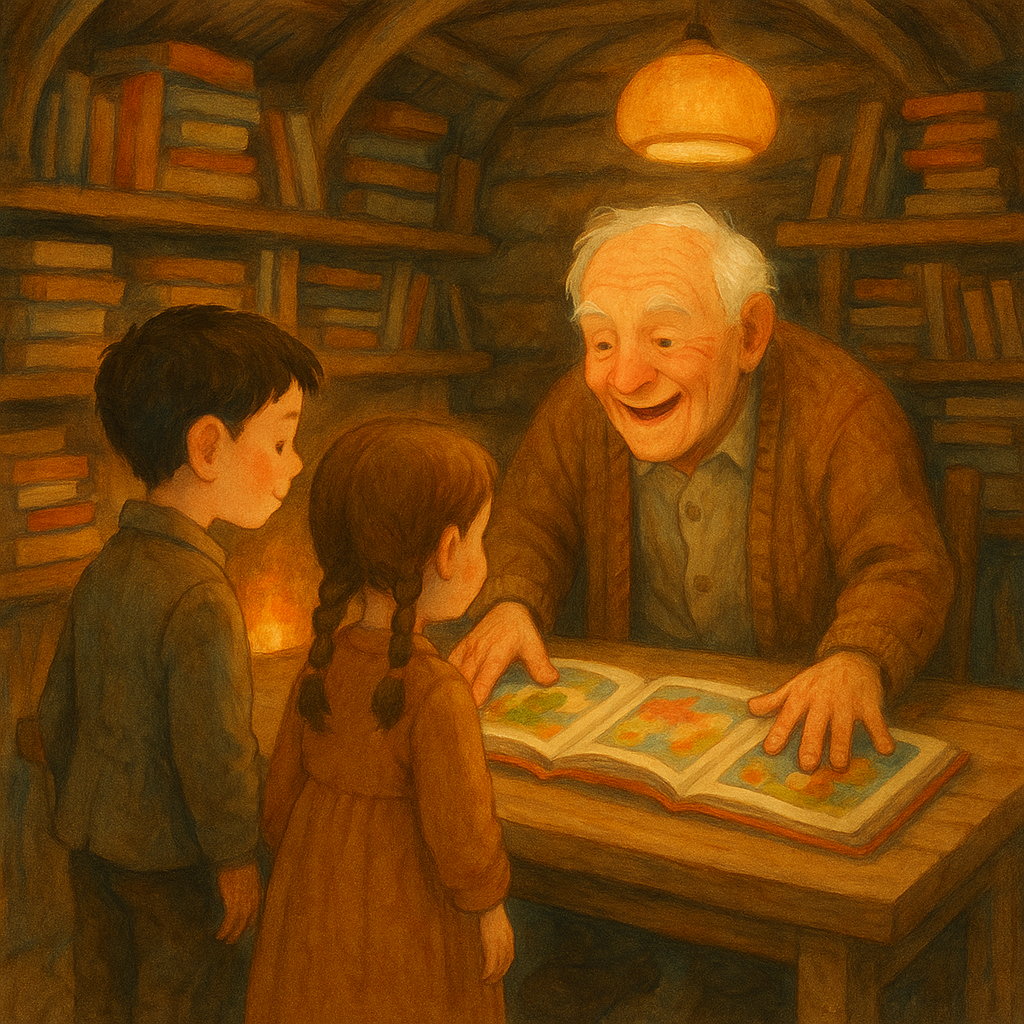 Two children discover a kind old man's book-filled hut in The Old Man in the Woods