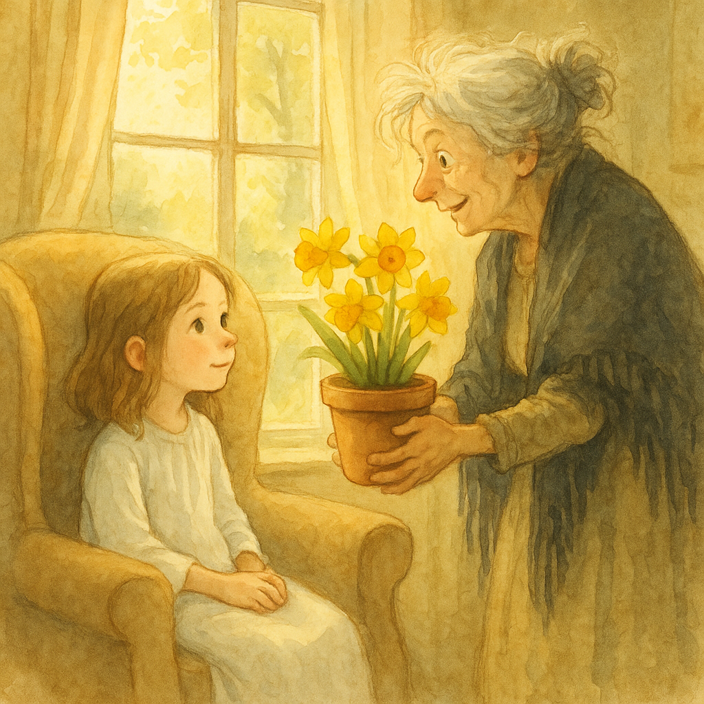An old woman offers a pot of bright yellow daffodils to a sick girl by a window, scene from The Old Woman and the Pot of Daffodils.