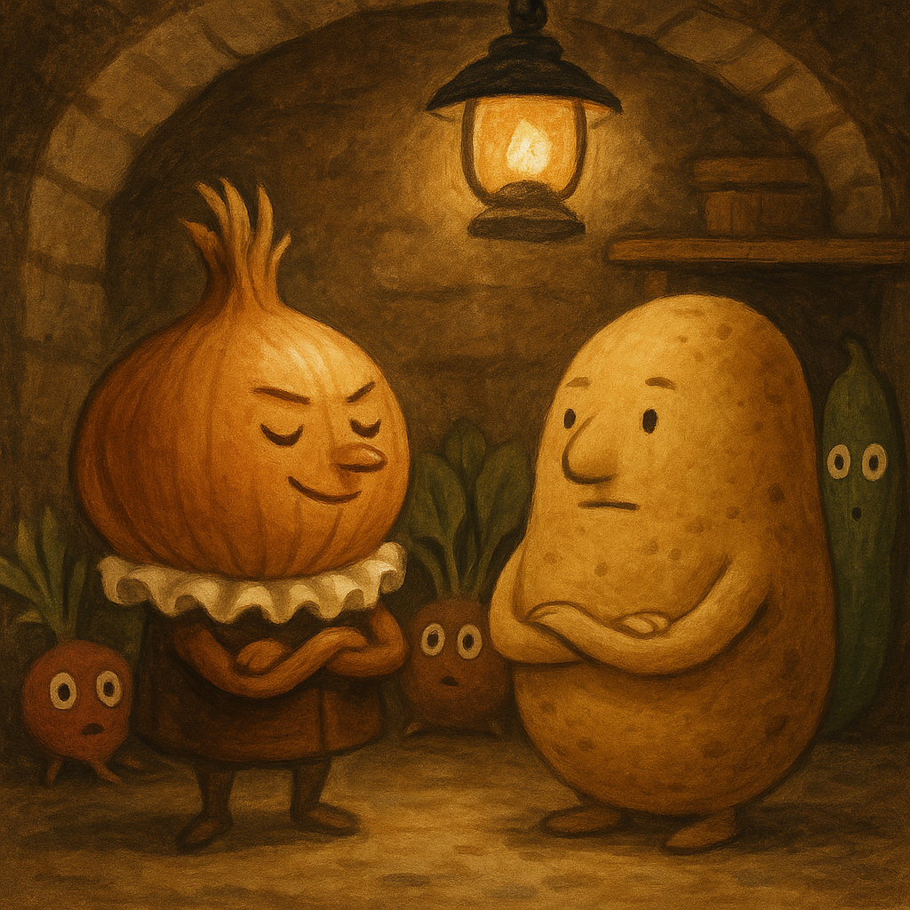 An animated onion and potato debate in a cellar, illustrating The Onion's Speech