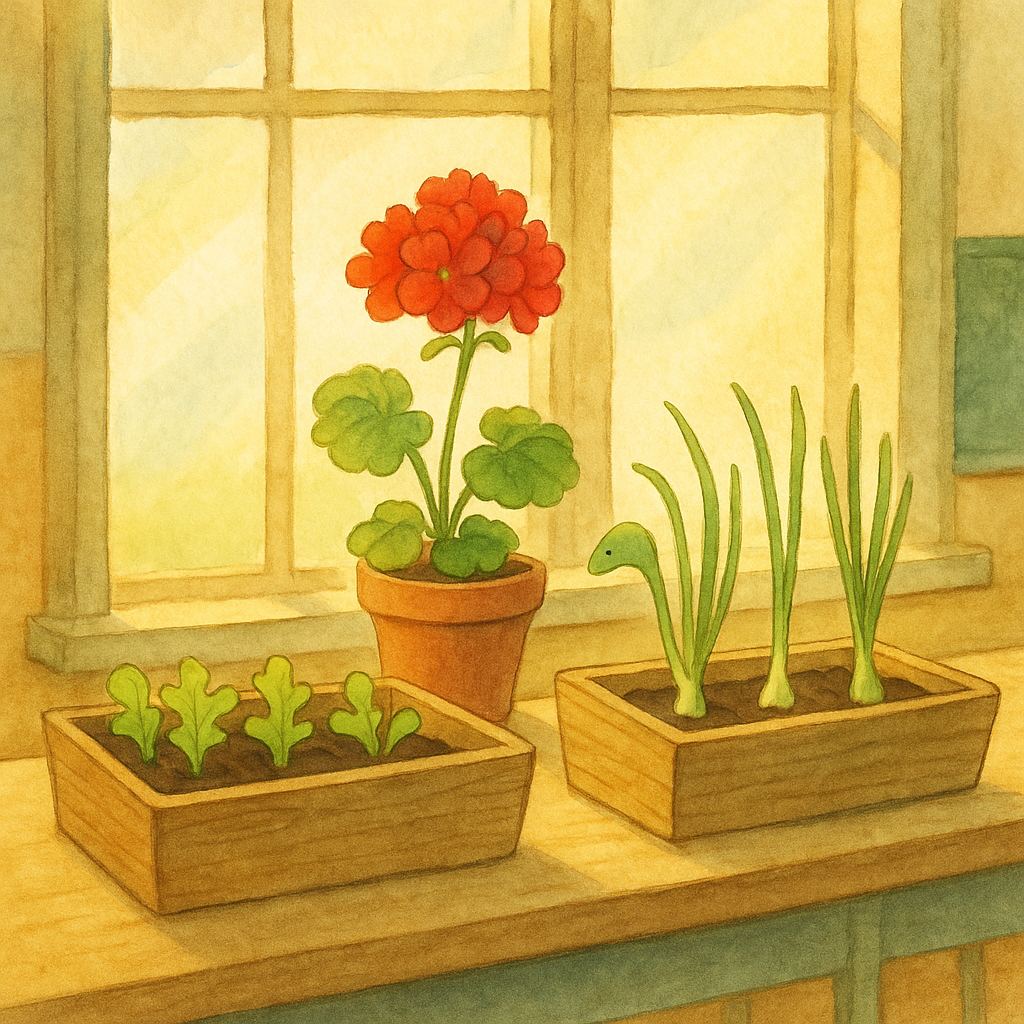Lettuce seedlings, onion sprouts, and a red geranium on a sunlit windowsill, illustrating The Onions.