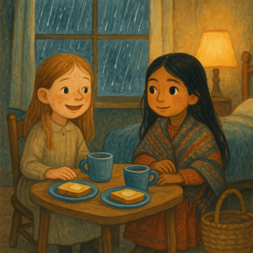 Two girls sharing cocoa and bread on a rainy afternoon in a scene from The Papoose