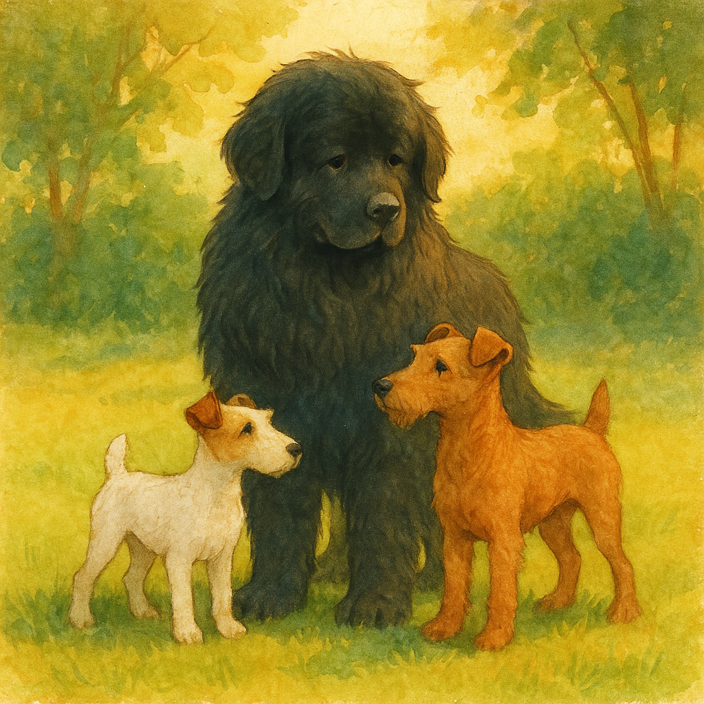 A large Newfoundland dog with two smaller dogs on a sunny lawn, from The Pet Dogs by Mary Graham Bonner.