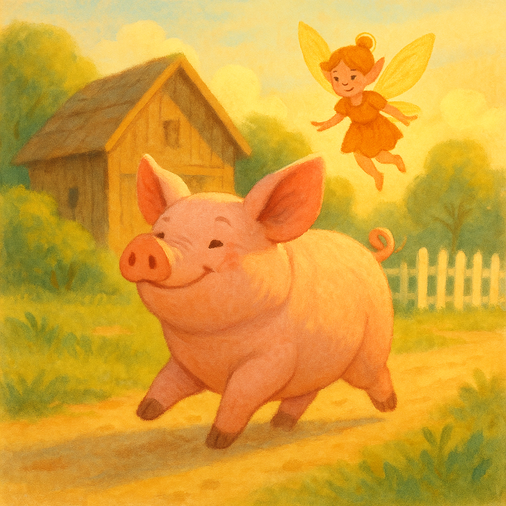 A vain little pig named Gink trotting through a village in The Pig Who Took a Walk, watched by a tiny fairy