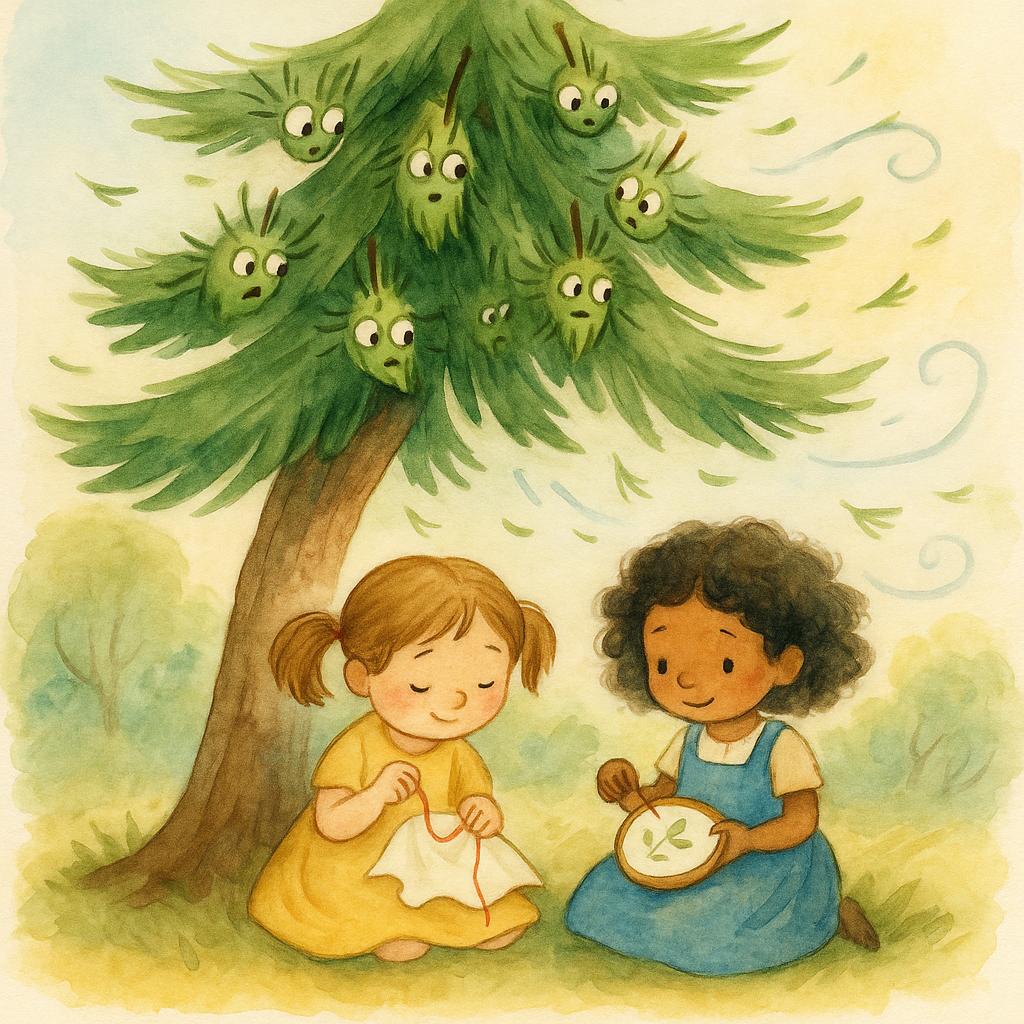 Two young girls sit beneath a swaying pine tree as the pine needles panic in The Pine Needles poem.