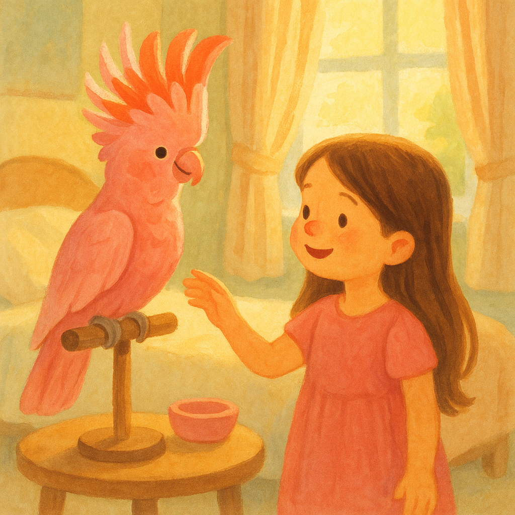 A girl admires her pink cockatoo as it raises its crest proudly — a scene from The Pink Cockatoo.