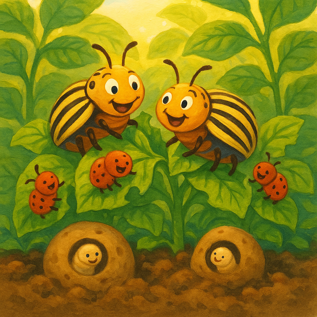 A family of potato bugs munching leaves on a potato plant in The Potato Bugs by Mary Graham Bonner