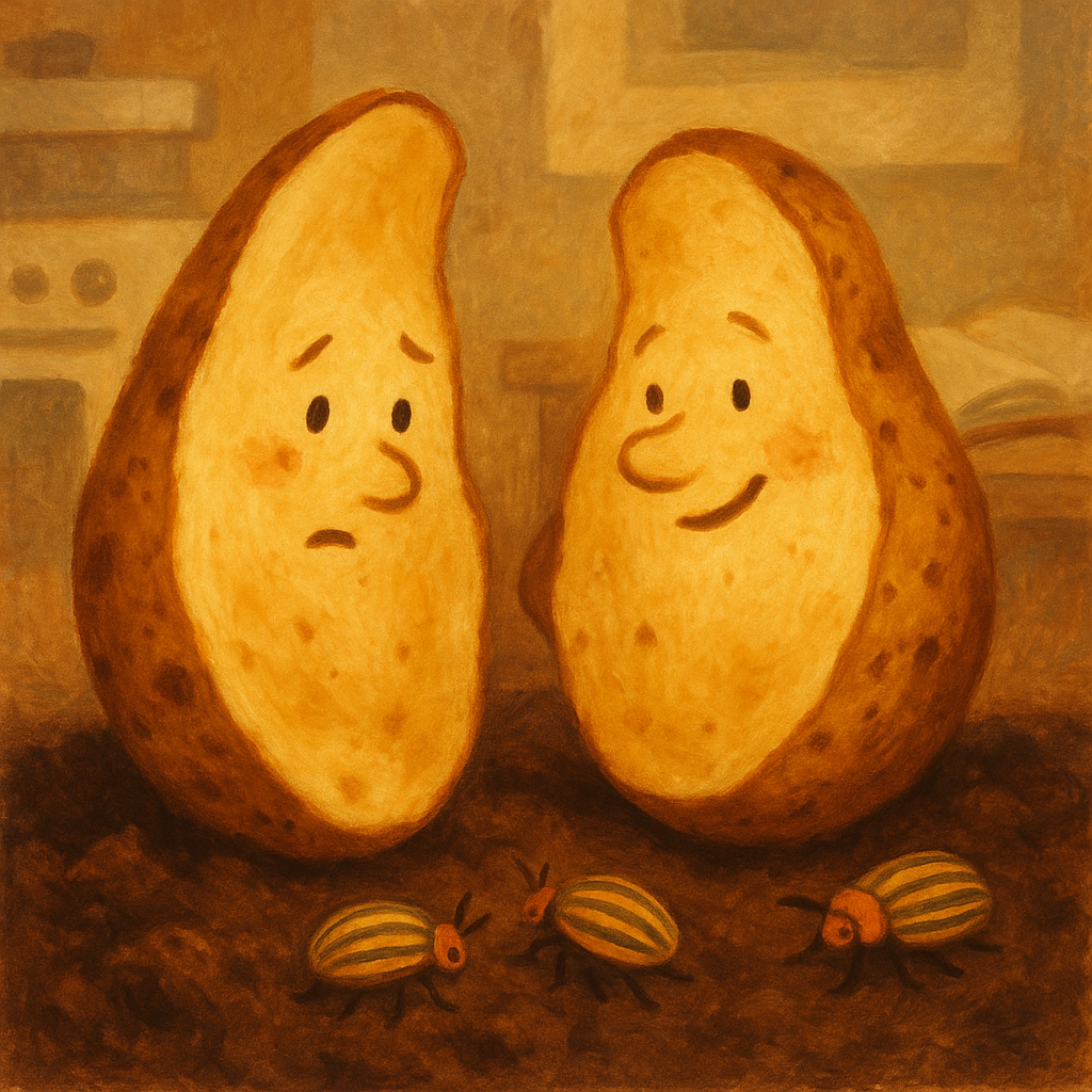 Two expressive potato skins chat in the soil in The Potato Skins by Mary Graham Bonner.