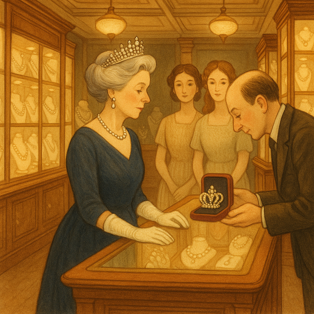 The queen inspects a pearl brooch in a jeweller's shop, from The Queen's Pin