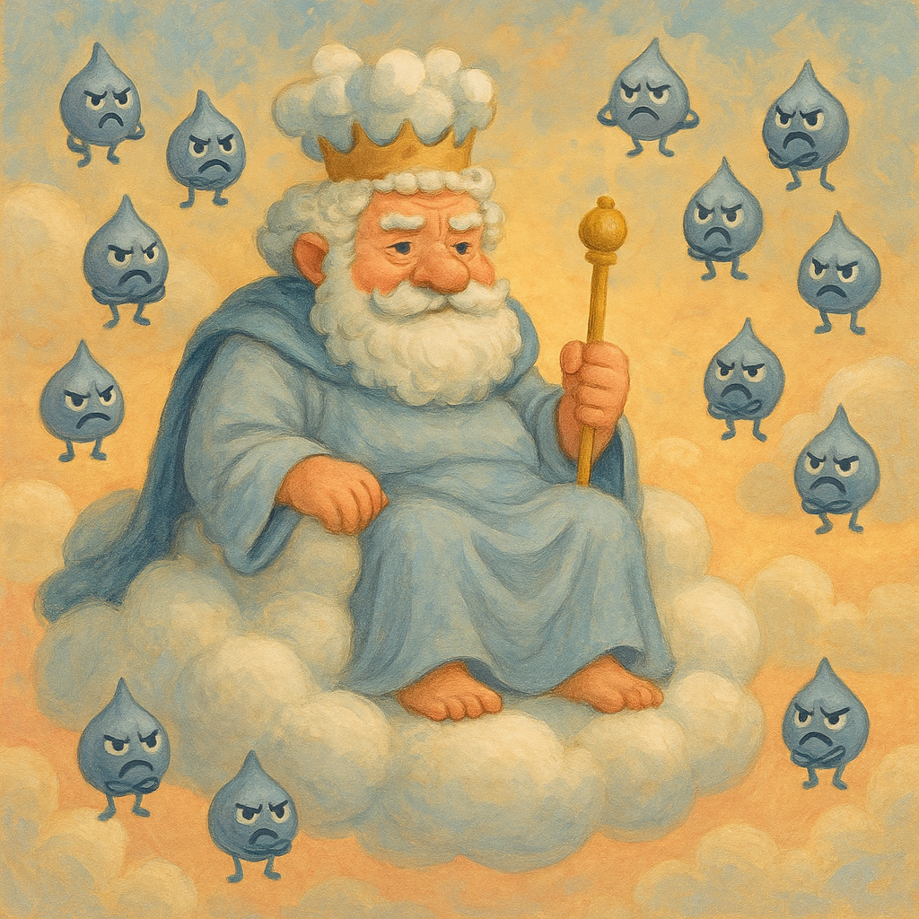 The King of the Clouds reassures upset raindrop characters in "The Rain" by Mary Graham Bonner