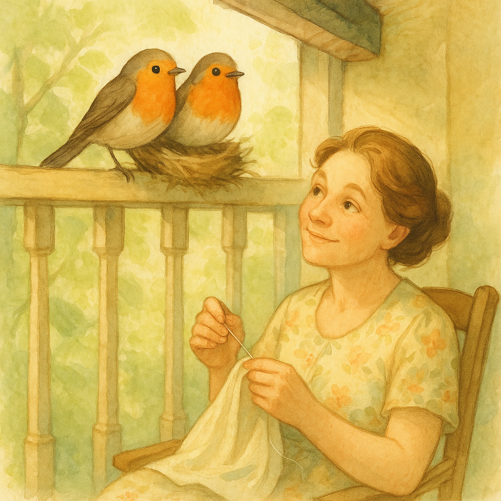 Two robins nesting under balcony eaves above a kind woman sewing — scene from The Robin Parents.