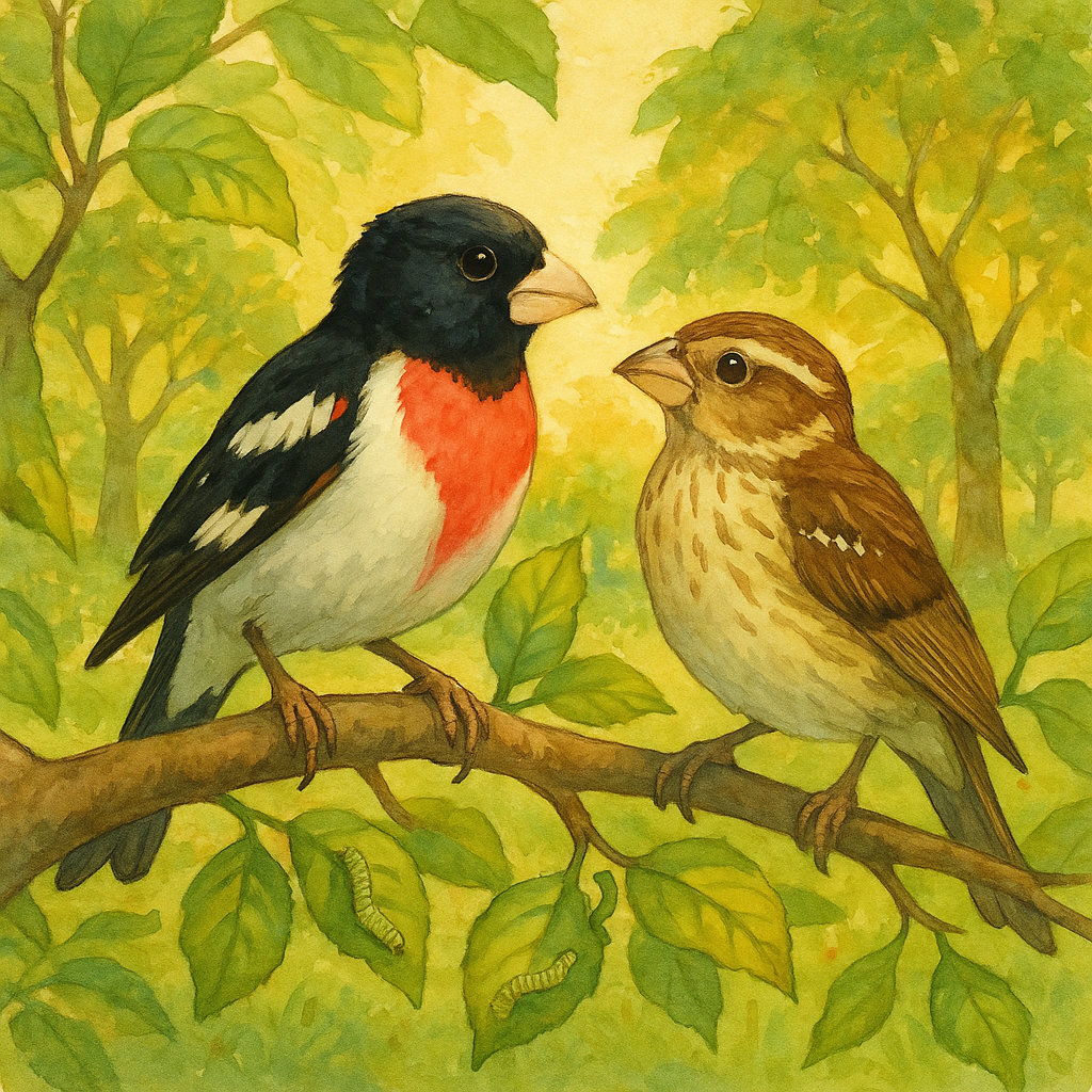 A rose-breasted grosbeak and his brown mate perched together on a branch, illustration for The Rose-Breasted Grosbeak.