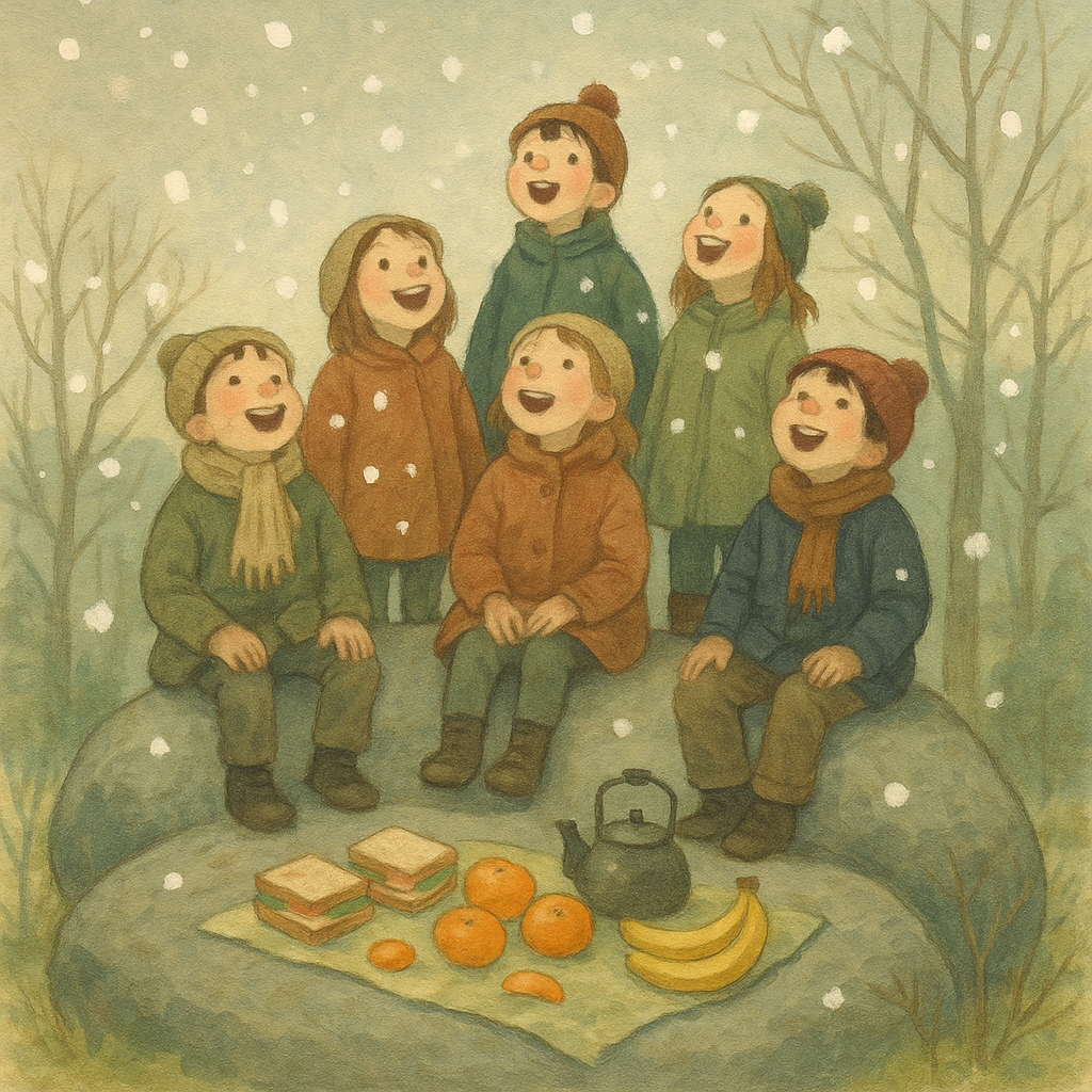 Children laughing on a rocking stone as spring snow falls around their picnic, in The Spring Snowstorm.
