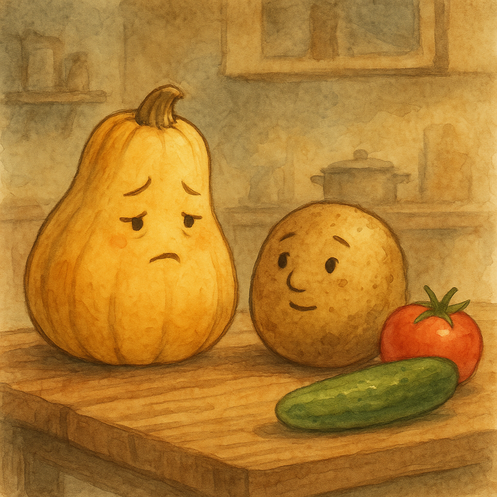 A sad squash and a listening potato sit together on a table, in an illustration for The Squash.