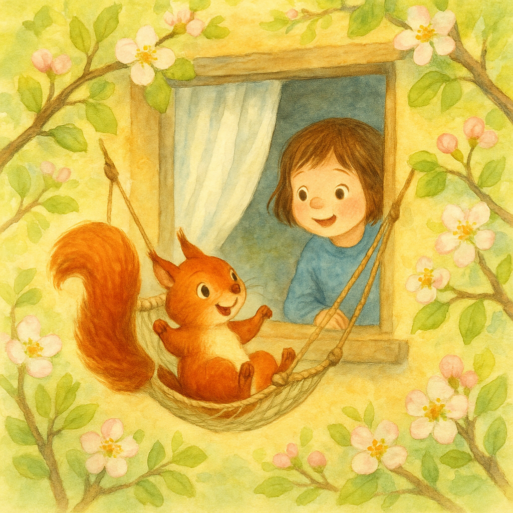 A squirrel swings in a tiny hammock outside a cottage window in The Squirrels' Spring Work.
