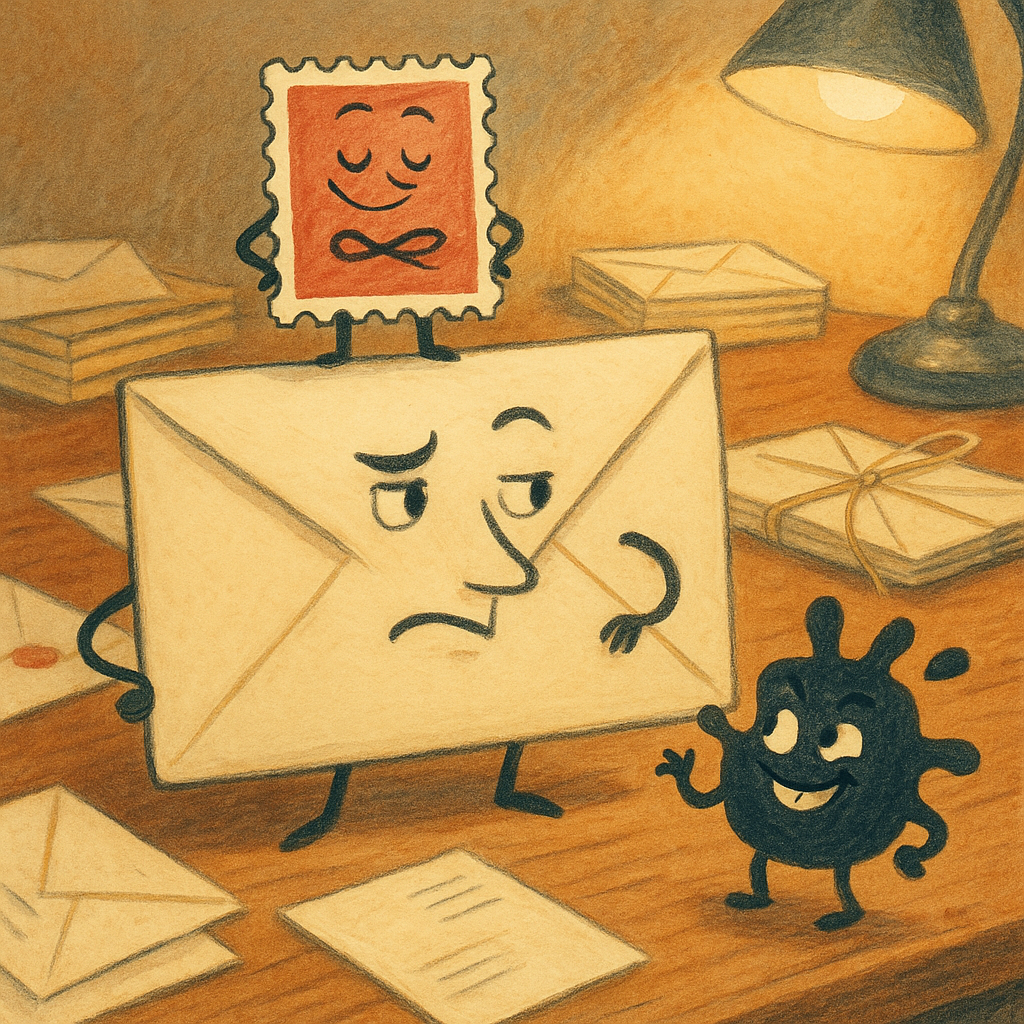 A boastful stamp, a dignified envelope, and a mischievous ink blot argue in The Stamp Traveler.