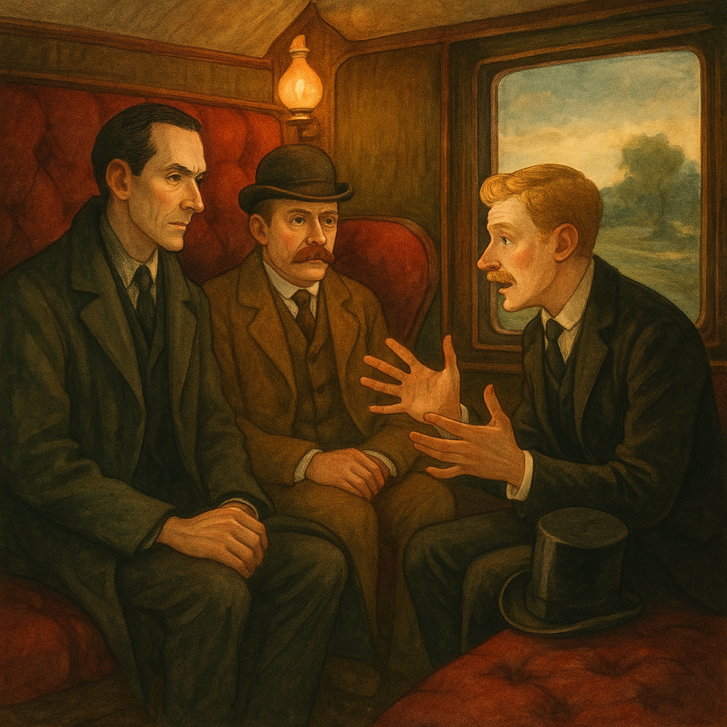 Holmes, Watson, and Hall Pycroft in a Victorian railway carriage in The Stockbroker's Clerk