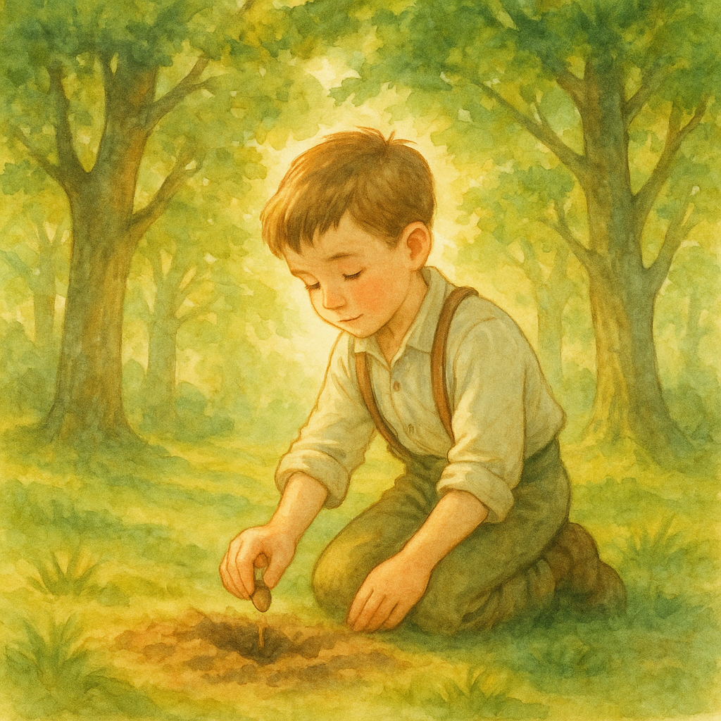 A young boy carefully plants an acorn in a sunny grove, an illustration from The Story the Oak Tree Told.