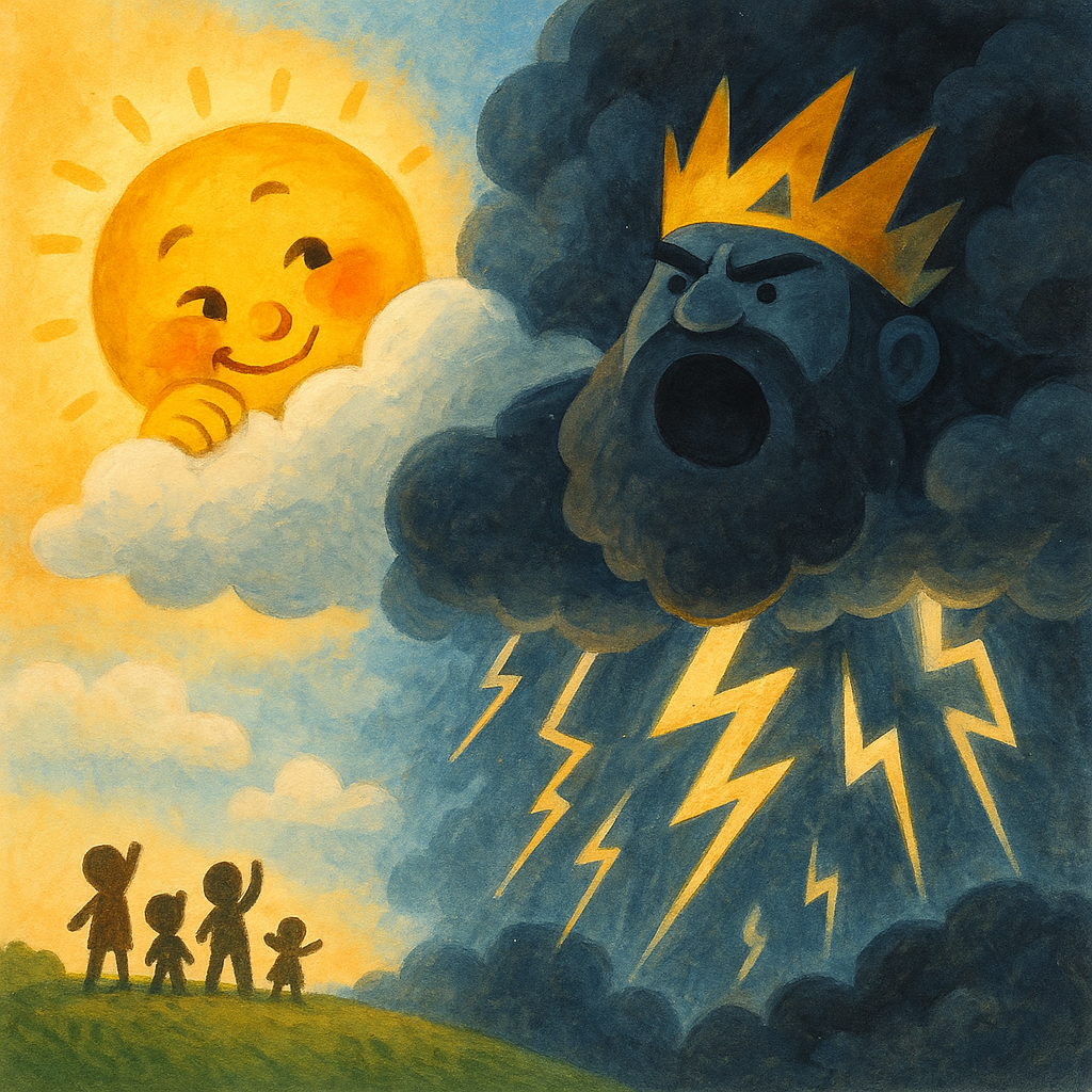 Mr. Sun hiding behind a cloud while King Thunder roars — scene from The Sun and the Thunder