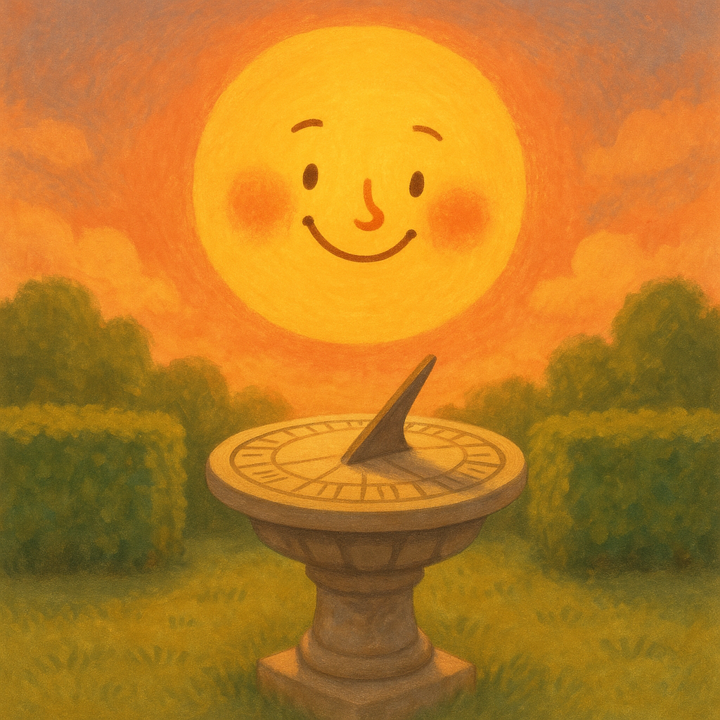 A glowing sun with a blushing face looks down at a stone sun-dial in a garden, illustrating The Sun Dial.