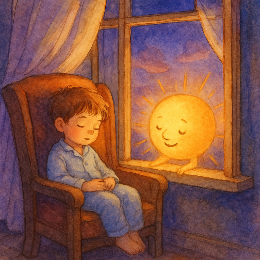 A sleeping boy in an armchair by a glowing open window as the Sun sits on the sill in The Sun Talks to Harry.
