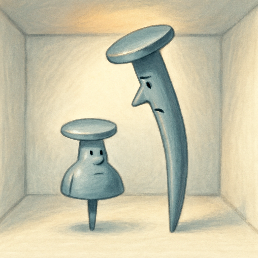 A small tack and a tall nail face each other inside a white box, in an illustration from The Tack and the Nail.