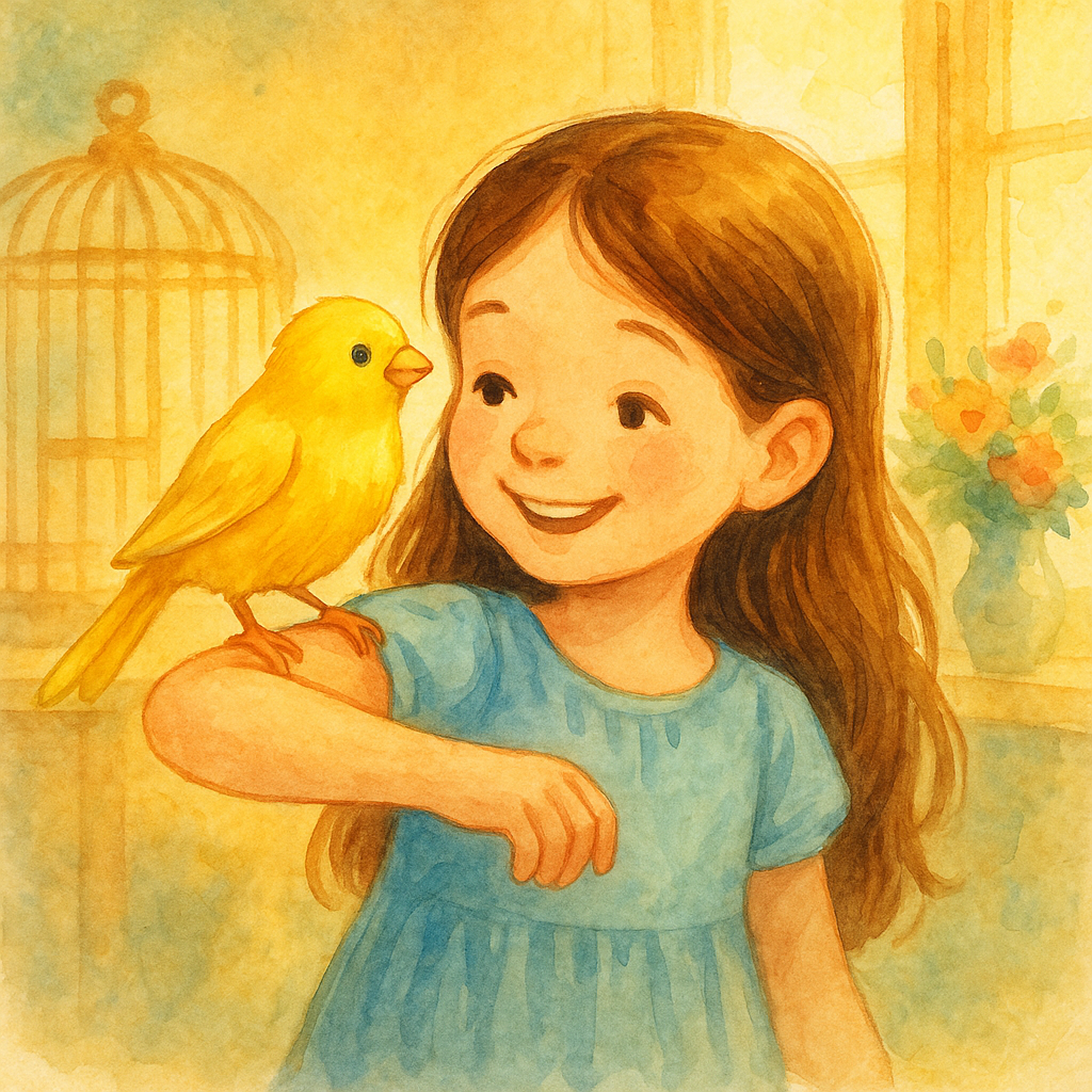 A yellow canary named Bubsie perched on a girl's shoulder in a sunny room, from The Tame Canary Bird.