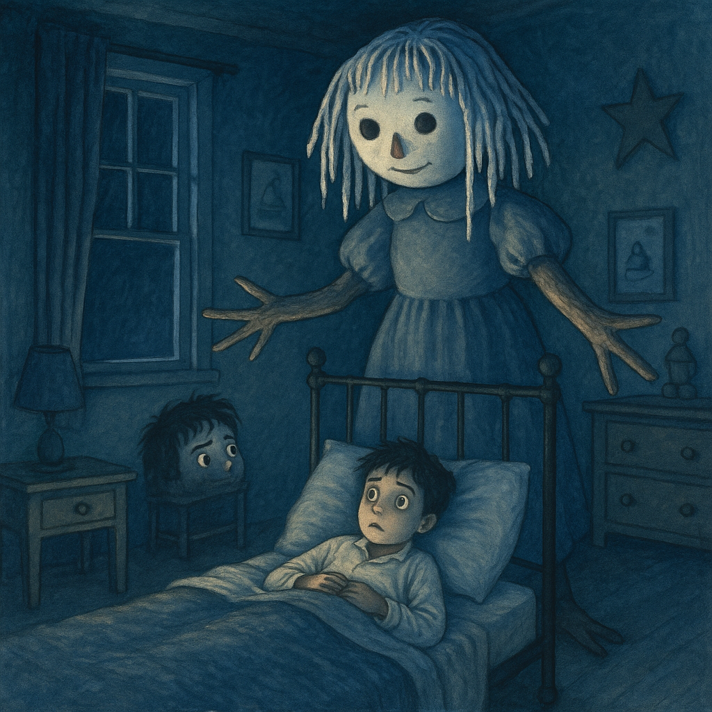 A giant rag doll with icicle hair looms over a frightened boy in bed, in an illustration for "The Tease"