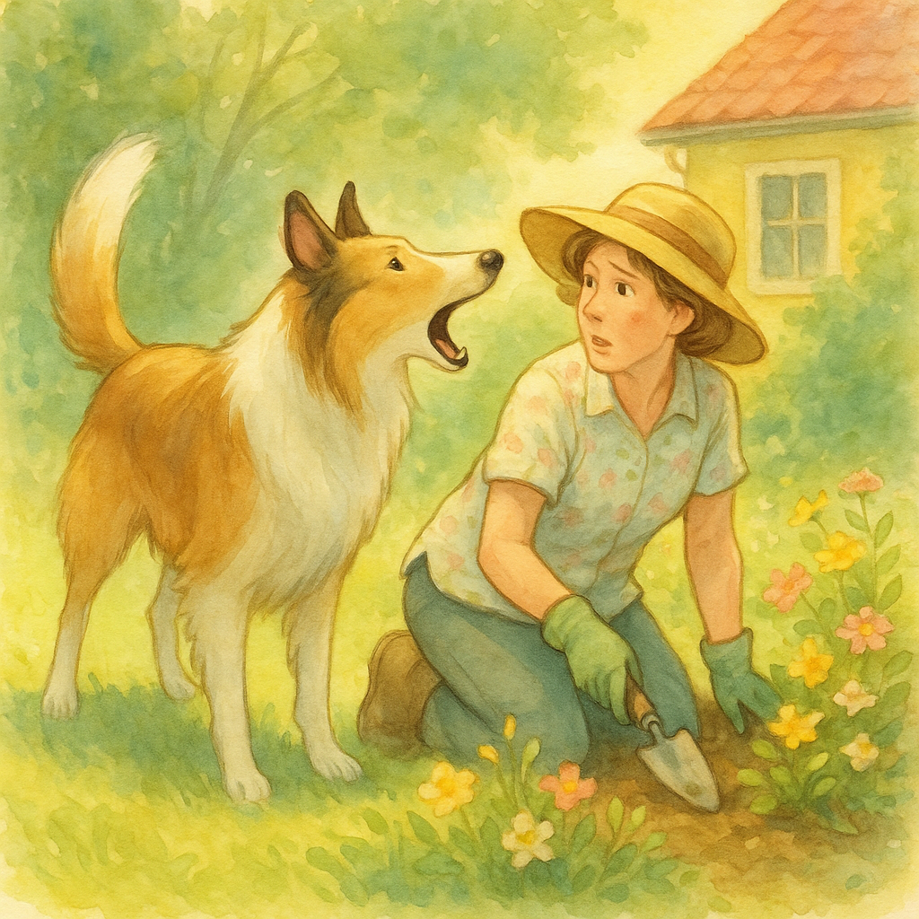 Rogue the collie barking at his mistress in the garden in The Telephone Dog