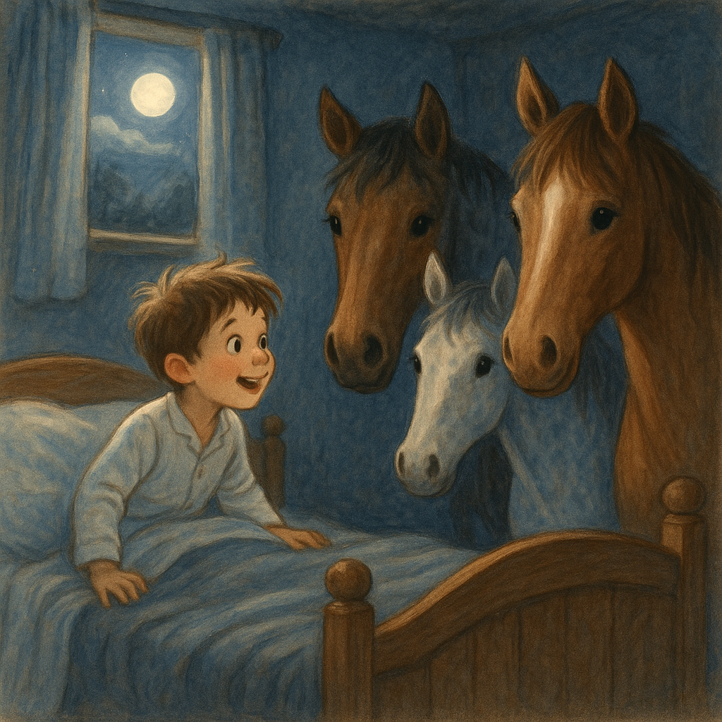 A boy in pajamas sits up in bed smiling at three friendly horses standing at the foot of his bed in The Three Horses.
