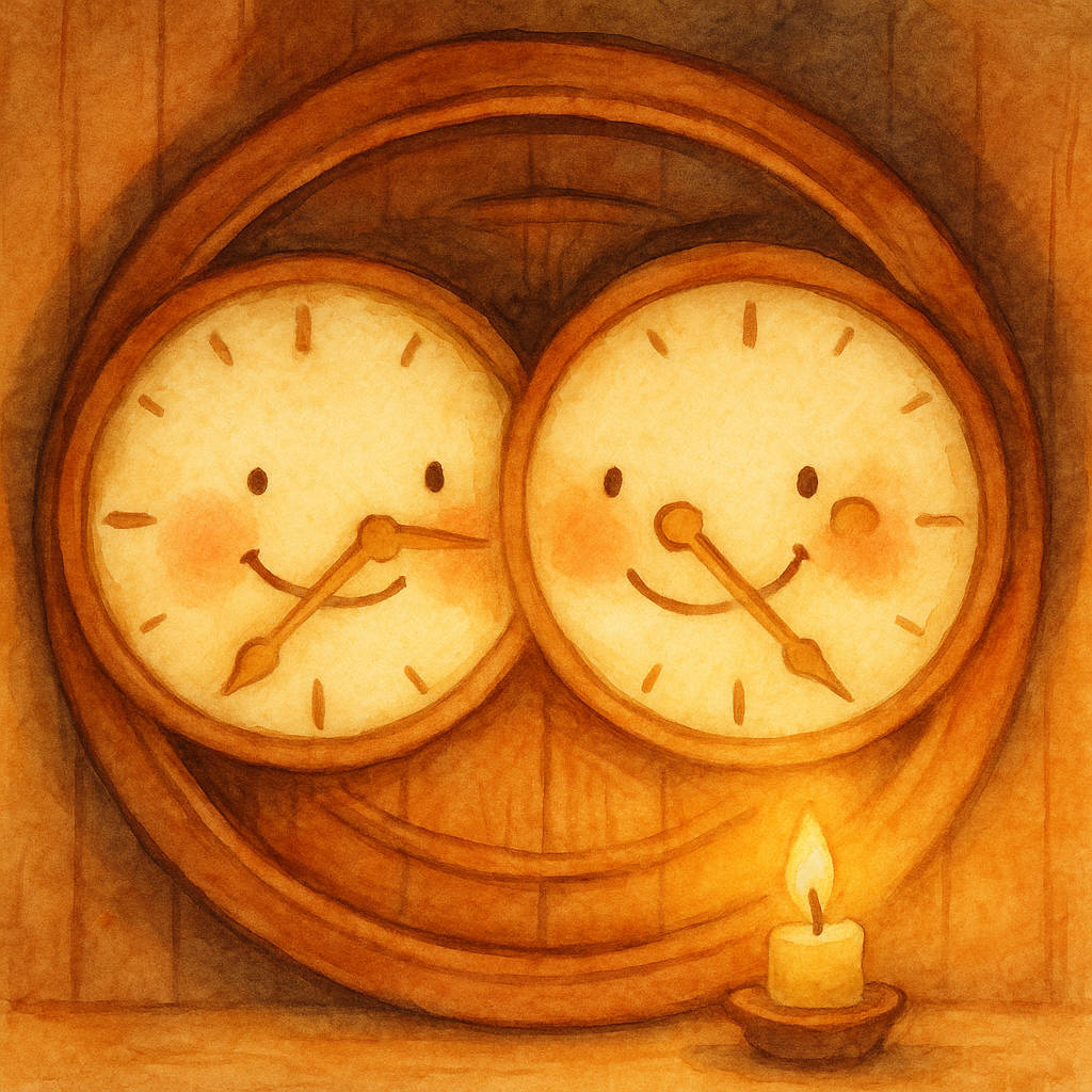 Two friendly clock twin faces chatting inside a warm wooden clock, illustrating The Tick-Tock Twins